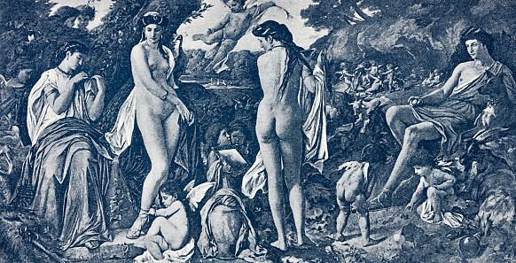 The Judgment of Paris is a famous episode of Greek mythology. The youth Paris has to decide which of the three goddesses is the most beautiful: Aphrodite, Athena or Hera. Illustration from 19th century.