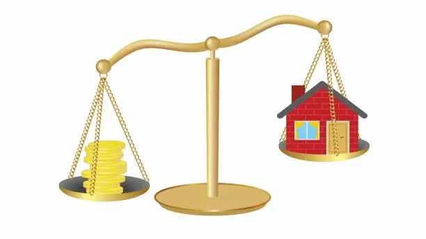 Vector illustration of Golden weight scale with money, coins and  house. Money heawier than house. Vector illustration.