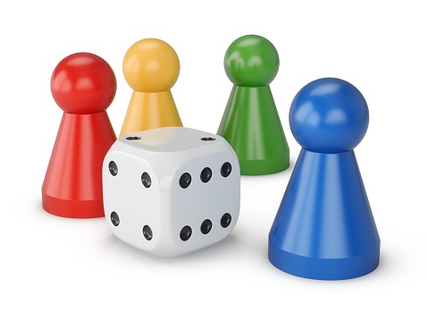 3D Rendering Game figures and one dice isolated on white background.