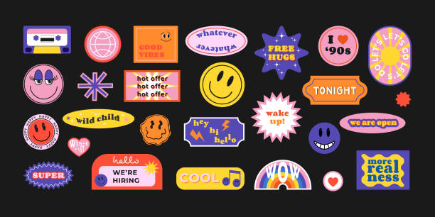 cool trendy retro stickers with faces, cartoon comic label patches. funky, hipster retrowave stickers in geometric shapes. vector illustration of y2k , 90s graphic design badges - 貼紙 幅插畫檔、美工圖案、卡通及圖標
