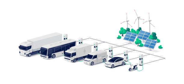 ładowanie floty samochodów elektrycznych firmą za pomocą stacji ładowania energii elektrycznej ze źródeł odnawialnych - electric motor obrazy stock illustrations