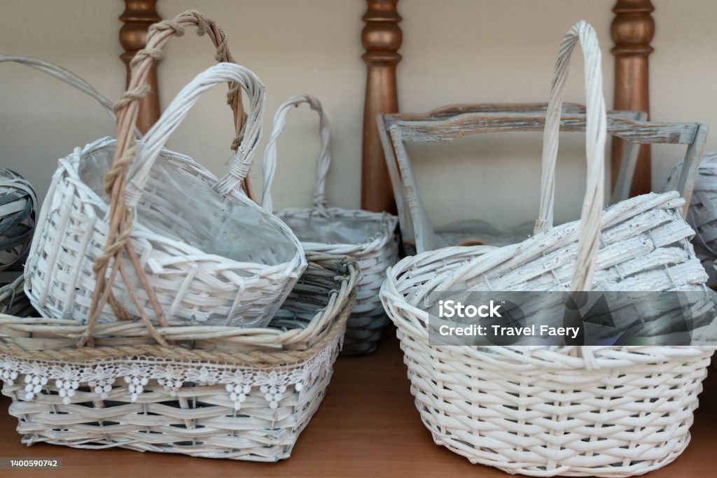 Cribs - decorative garden baskets in vintage Provence style Art Stock Photo