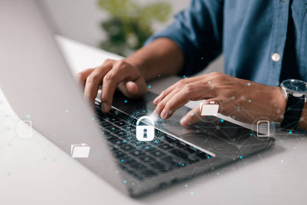 concept of document security. system for document management (dms). online documentation database and digital file storag. to acquire access to files, log onto the cloud computing system network. - versleuteling stockfoto's en -beelden