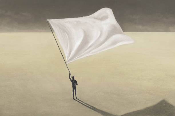 ilustracja przedstawiająca człowieka wymachującego wielką białą flagą, surrealistyczna abstrakcyjna koncepcja - surrendering stock illustrations