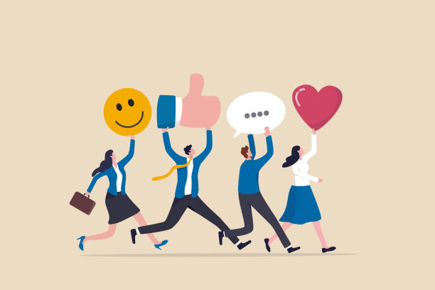 stockillustraties, clipart, cartoons en iconen met social media team, community management or online advertising, manage social network or communication concept, business people social media team holding thumb up, love, speech bubble and smile sign. - social media