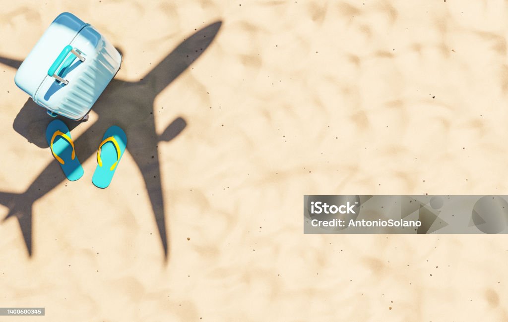 Aircraft flying over sandy beach with suitcase and flip flops Top view 3D rendering of suitcase and flip flops placed on sandy seashore with shadow of flying airplane as background Backgrounds Stock Photo