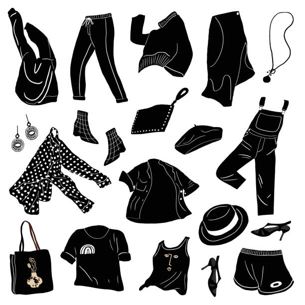 Fashion modern women clothes collection. Fashion modern women clothes collection. Casual female garments and accessories. Coat, jumper, shirt, shoes, trousers, bag, shoes flying. Black and white flat vector illustration isolated on white background running shoes white background stock illustrations