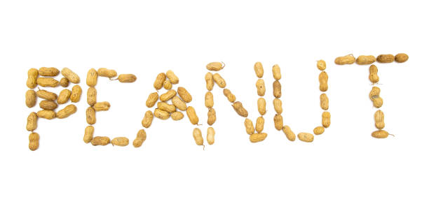 istock peanut written by unpeeled peanuts isolated on white background. 1400601959