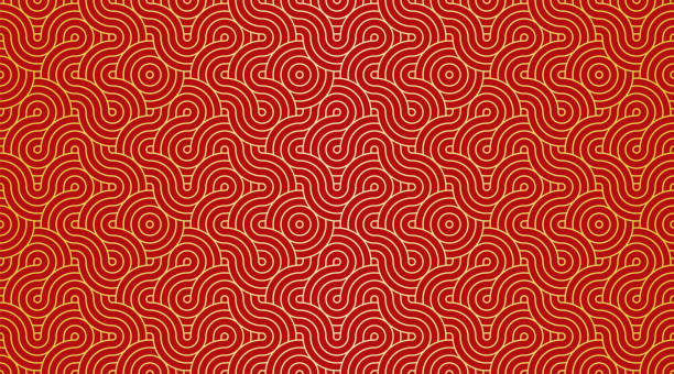 ilustrações, clipart, desenhos animados e ícones de padrão de onda de ouro vermelho abstrato, fundo de forma do círculo geométrico, ilustração vetorial japonesa, arte da linha natural - wave pattern water seamless