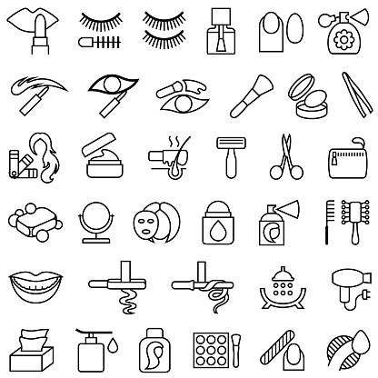 Single color isolated outline icons of cosmetics products. Line thickness can be easily changed.