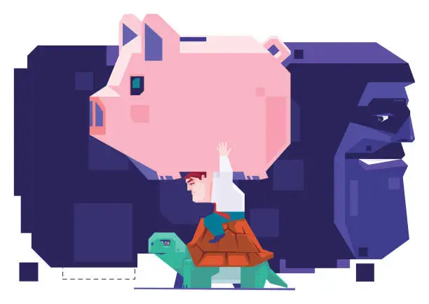 Vector illustration of businessman riding tortoise and carrying piggy bank with scammer hiding