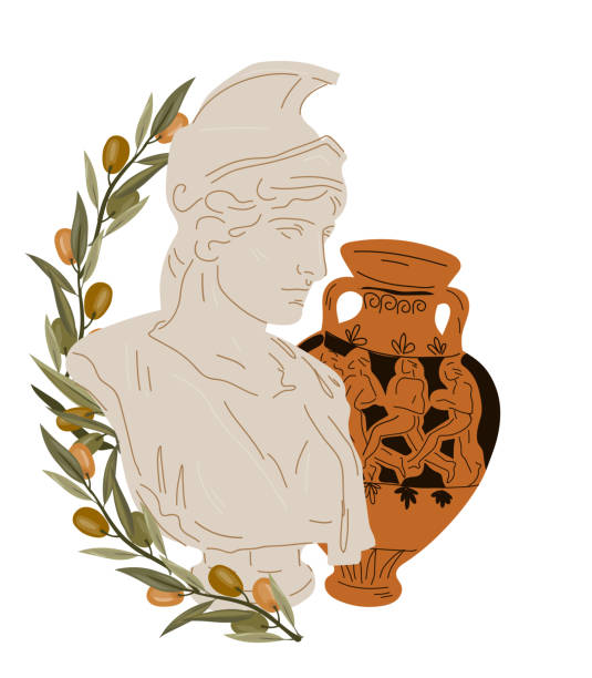 illustrations, cliparts, dessins animés et icônes de statue antique en marbre et vase en amphore avec branches d’olivier, vecteur plat isolé. - amphora ancient past greece