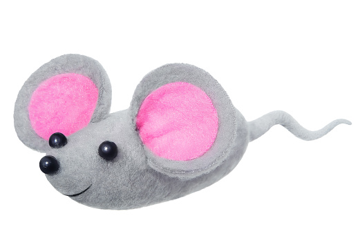 Grey soft toy mouse with big pink ears isolated