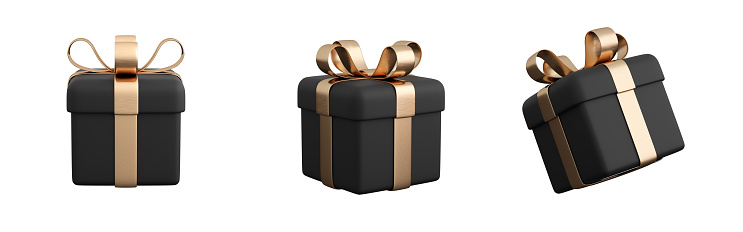 Realistic black gift box set with golden ribbon bow. Concept of abstract holiday, birthday or wedding present or surprise. 3d high quality isolated render