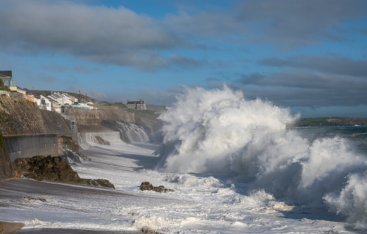 Huge Waves Crash onto the Coastline at Porthleven