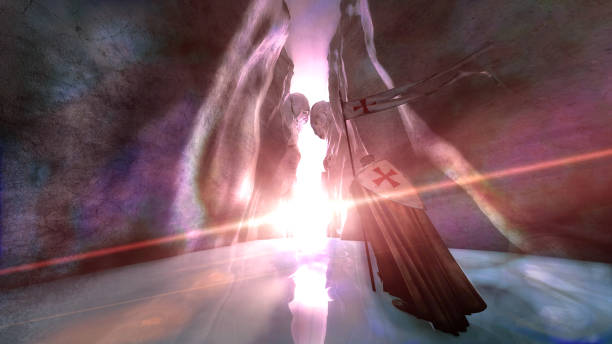 In search of the holy Grail, keepers. Templars and Crusaders. Forgotten treasure search for truth. Relic. Statues of monks carved into the rock treasure guarded by guards. Medieval. Gorge, 3d rendering In search of the holy Grail, keepers. Templars and Crusaders. Forgotten treasure search for truth. Relic. Statues of monks carved into the rock treasure guarded by guards. Medieval warriors. Gorge in the ground, crack between rock faces. 3d rendering knights templar symbols stock pictures, royalty-free photos & images