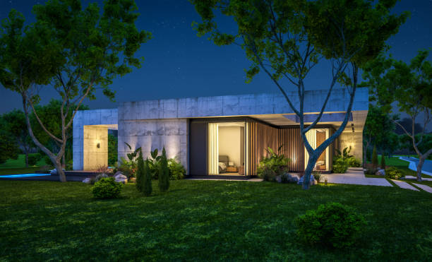 istock 3d rendering of new concrete house in modern style in night 1400607922