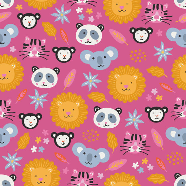 Summer seamless pattern with lion, tiger, monkey, panda, koala, flowers Summer seamless pattern with lion, tiger, monkey, panda, koala, flowers, leaves on pink background. Perfect for greetings card, wallpaper, wrapping paper, fabric. Vector kids illustration czech lion stock illustrations