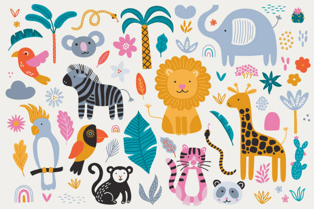 Jungle animal set - elephant, lion, tiger, giraffe, zebra, cockatoo, toucan Jungle animal set - elephant, lion, tiger, giraffe, zebra, cockatoo, toucan, monkey, snake, palm tree, cactus, tropical flower, rainbow, cloud, koala, panda. Vector kids illustration czech lion stock illustrations