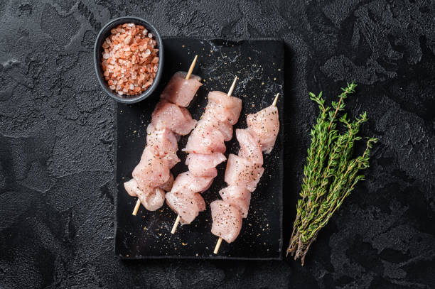istock Raw chicken meat shish kebab skewers. Black background. Top view 1400609491