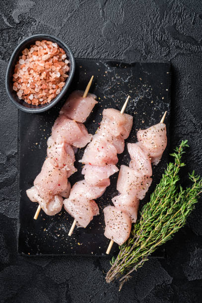 istock Raw chicken meat shish kebab skewers. Black background. Top view 1400609532