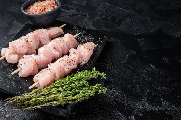 istock Raw chicken meat shish kebab skewers. Black background. Top view. Copy space 1400609546