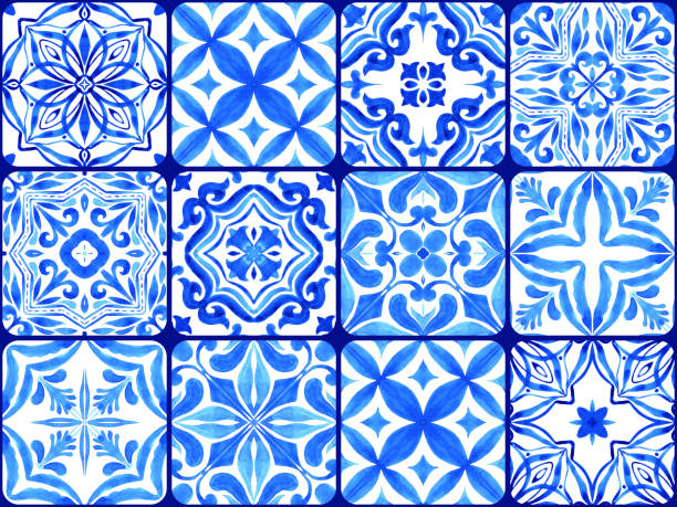 istock Azulejos - Portuguese tiles blue watercolor pattern. Variety tiles collection. 1400610275
