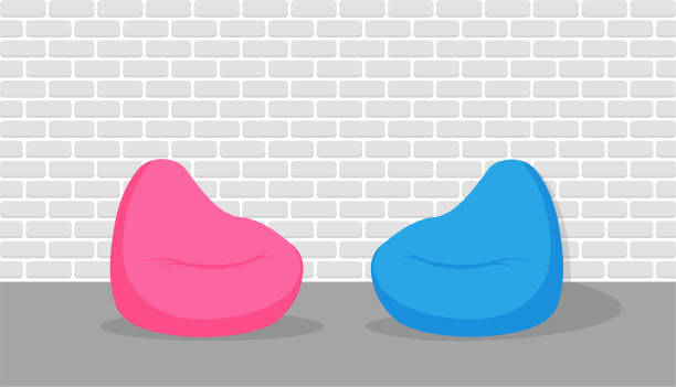 Blue and pink beanbag in white interior. Blue and pink beanbag in white interior. Pouf soft furniture near the brick wall. Vector illustration isolated on white background. bean bag illustrations stock illustrations