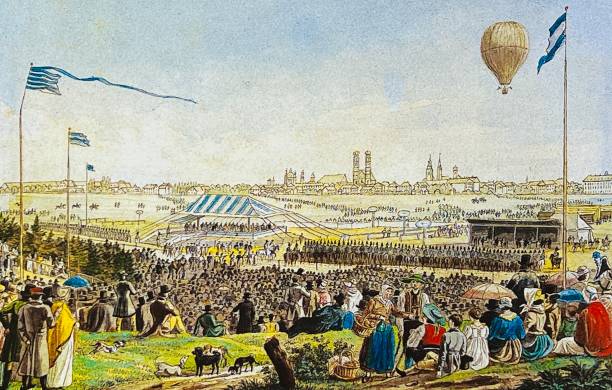 Munich Beer Fest 1823, first depiction of a marquee Illustration from 19th century. wrexham stock illustrations