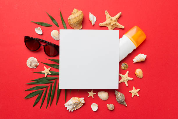 istock Summer time concept with blank greeting card and blank white paper on colored background. Seashells from ocean shore in the shape of frame separated with space for text top view 1400611942
