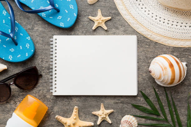 istock Blank writing book with summer beach accessories on background, copy space. Flat lay with copy space 1400611952