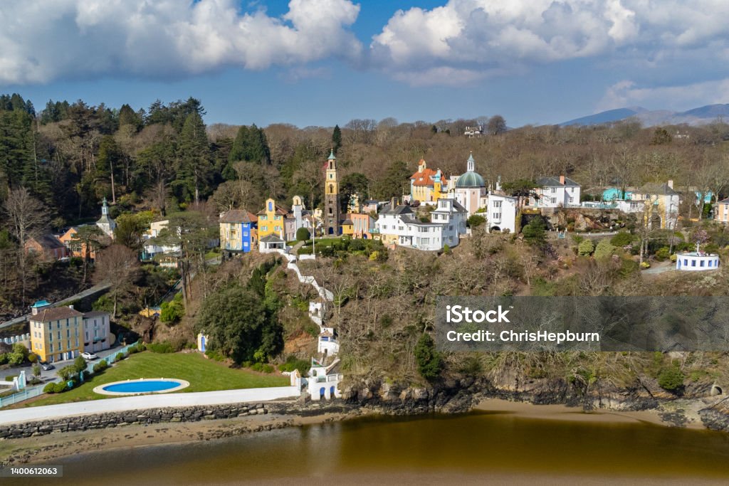 Aerial view of Portmeirion, Wales, UK Wide angle aerial view of colourful buildings at Portmeirion village. Portmeirion is a village in Gwynedd, North Wales. Portmeirion Stock Photo