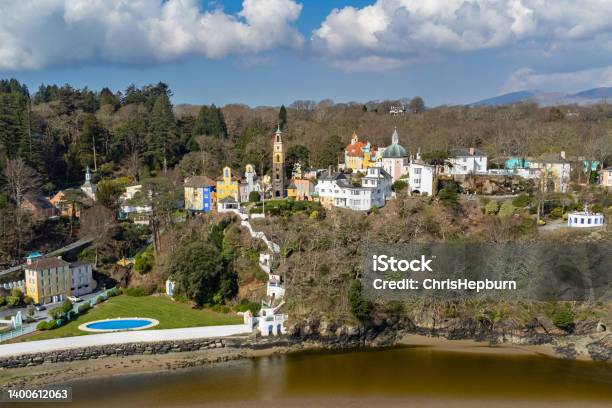 Aerial View Of Portmeirion Wales Uk Stock Photo - Download Image Now - Portmeirion, Wales, Above
