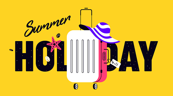 Summer vacation vector illustration with suitcase, beach hat, starfish and text.