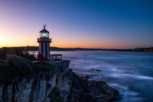 A view of Hornby lighthouse in Watsons Bay taken at Sunset. Watsons Bay is located on the edge of Sydney Harbour, Sydney, New South Wales - May 22, 2022