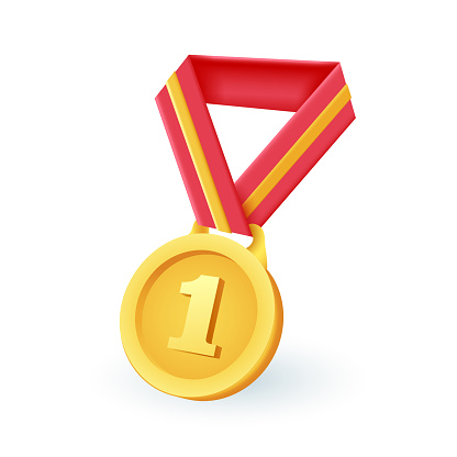 Gold medal with number one 3D icon. Golden prize or award with ribbon 3D vector illustration on white background. Victory, competition, success, achievement concept