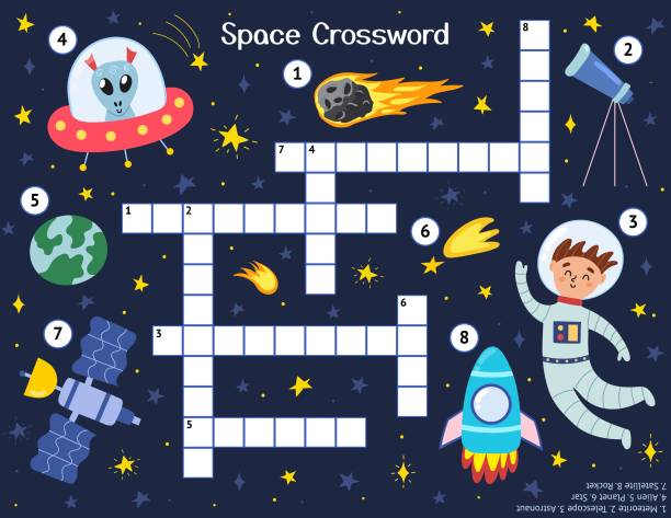 Crossword for kids with cute space characters. Word search puzzle Crossword for kids with cute space characters. Word search puzzle. Educational game with astronaut, alien, rocket, meteorite, telescope, satellite, planet and star. Vector illustration rocket template stock illustrations