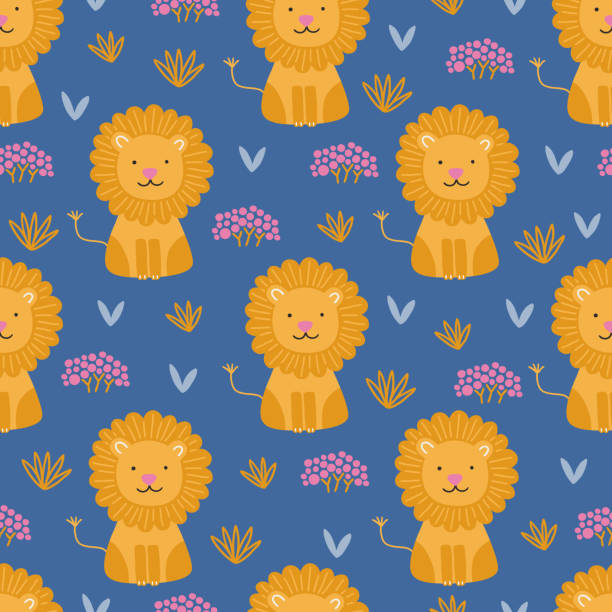 Summer seamless pattern with leaves, trees, lion on blue background Summer seamless pattern with leaves, trees, lion on blue background. Perfect for greetings card, wallpaper, wrapping paper, fabric. Vector kids illustration czech lion stock illustrations