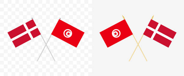 bildbanksillustrationer, clip art samt tecknat material och ikoner med denmark and tunisia crossed flags. pennon angle 28 degrees. options with different shapes and colors of flagpoles - silver and gold. example of flags on transparent background. vector - copenhagen business