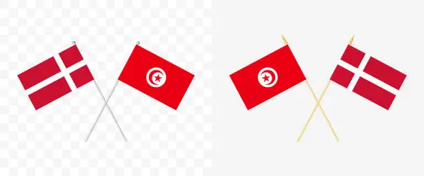 Vector illustration of Denmark and Tunisia crossed flags. Pennon angle 28 degrees. Options with different shapes and colors of flagpoles - silver and gold. Example of flags on transparent background. Vector