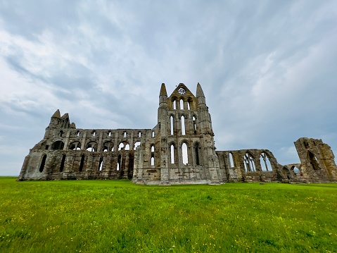 Low angle photograph of Whitby Abbey
