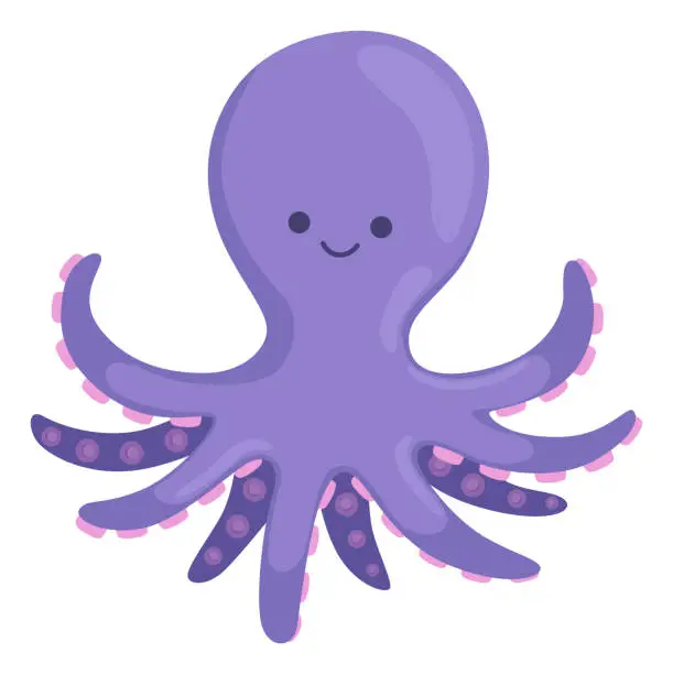 Vector illustration of Purple octopus. Funny ocean animal. Smiling character