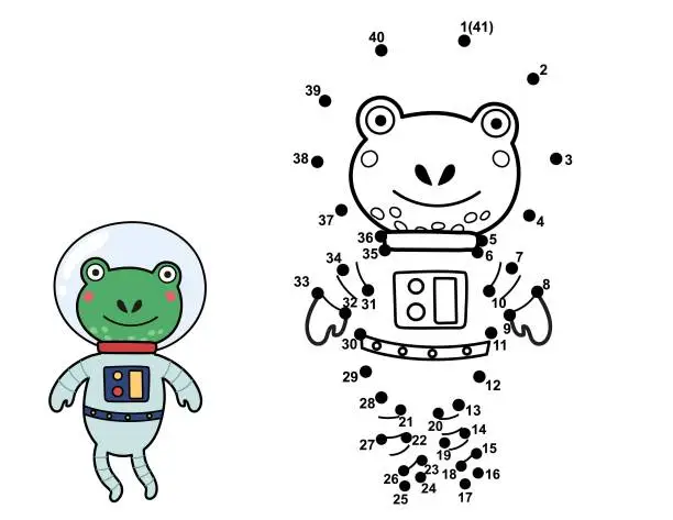 Vector illustration of Connect the dots and draw a cute astronaut frog. Space dot to dot game