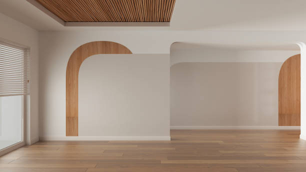 istock Empty room interior design, open space with parquet wooden floor, window with venetian blinds, cane ceiling and wall decors, modern architecture concept idea 1400616977