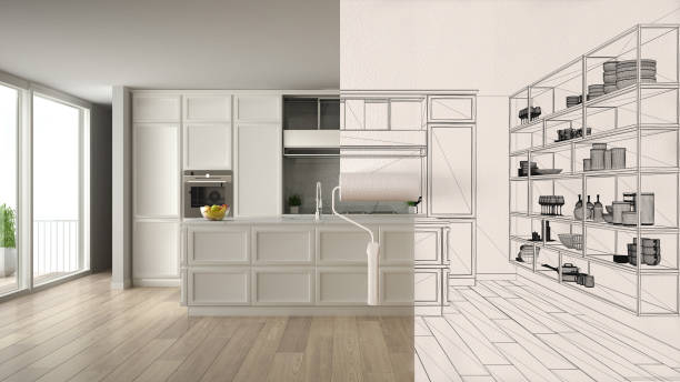 istock Paint roller painting interior design blueprint sketch background while the space becomes real showing modern kitchen. Before and after concept, architect designer creative work flow 1400617032
