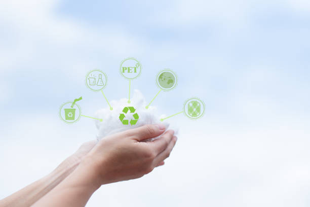 istock Hands holding polyester staple fiber with blue sky background. Recycle icon, sustainable icon and Bottle icon. Chemical concept. 1400617324
