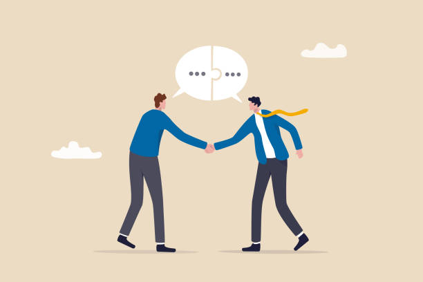 Success communicate, discussion or interview, achieve business agreement, solution or partnership deal, perfect match connection concept, businessmen handshake with connect speech bubble jigsaw. vector art illustration