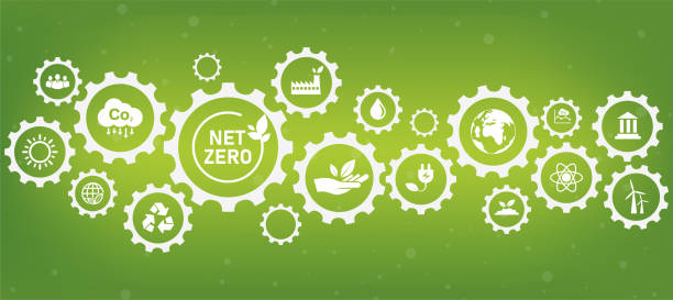 Net Zero and Carbon Neutral Concepts Net Zero Emissions Goals Weather neutral long term strategy with green net zero icon. with icons and sprockets on a green background Net Zero and Carbon Neutral Concepts Net Zero Emissions Goals Weather neutral long term strategy with green net zero icon. with icons and sprockets on a green background low carbon economy stock illustrations