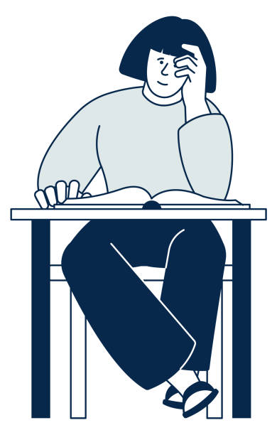 no more homework clipart Young woman reading. Student studying at desk Young woman reading. Student studying at desk isolated on white background no more homework stock illustrations