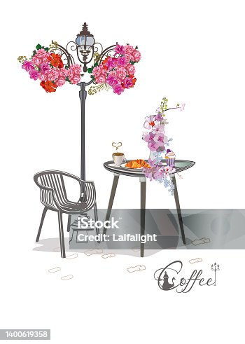 istock Series of backgrounds decorated with flowers, old town views and street cafes. Cafe table and a chair. 1400619358